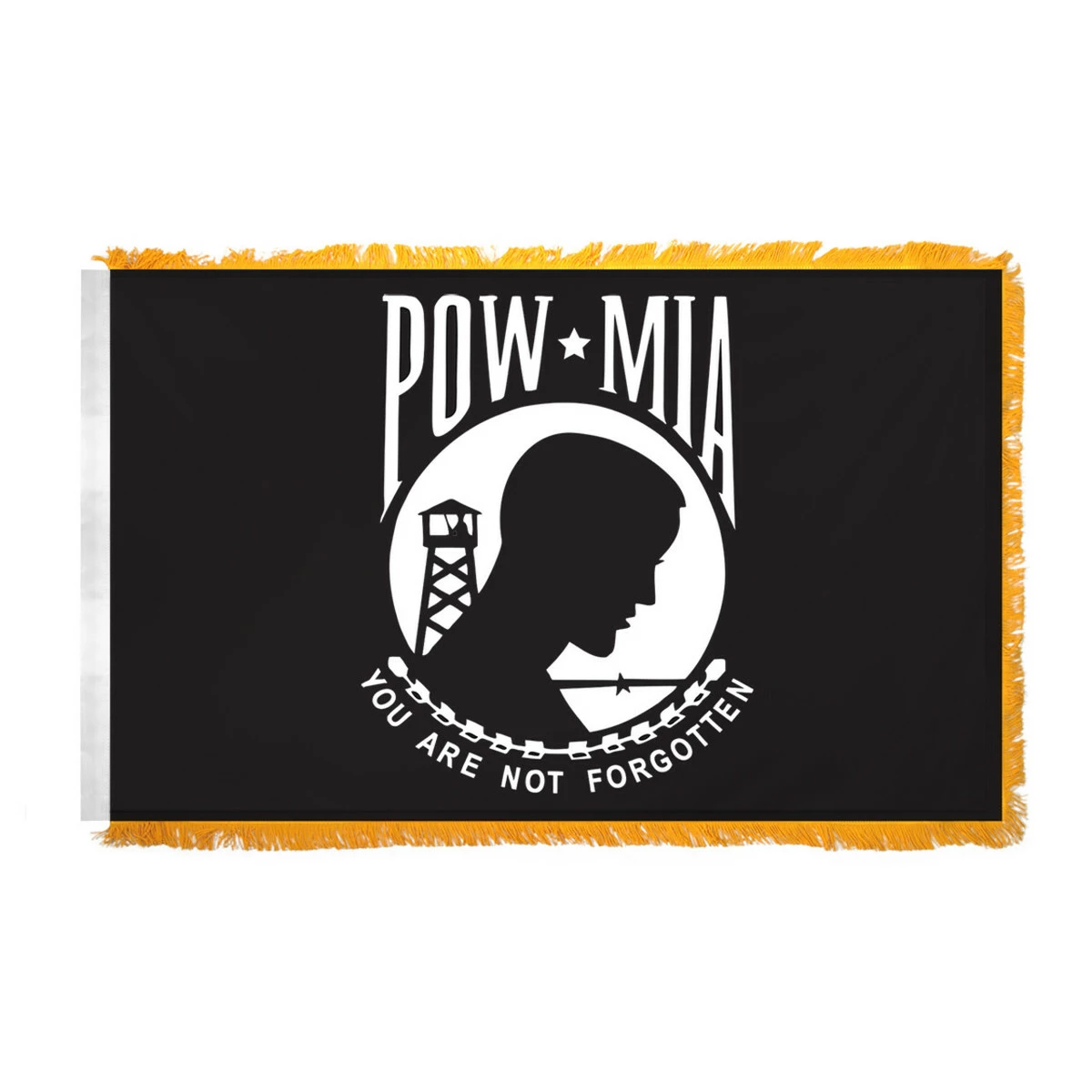 POW MIA Indoor Flag 4x6ft Nylon - Single Sided - Gold Fringe